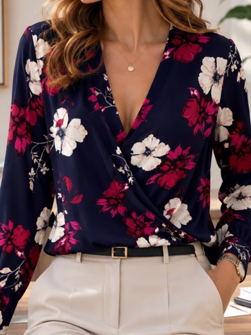 A New Day Floral Faux Wrap Blouse Dark Navy Fuschia White XL